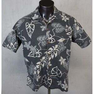 Mens Go Barefoot Hawaiian Shirt Button Front Size L Floral Gray Cotton USA Made
